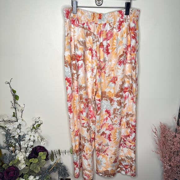 ABERCROMBIE & FITCH Linen Blend Wide Leg Pull On Pant Orange Red Floral {U46} - Picture 3 of 5
